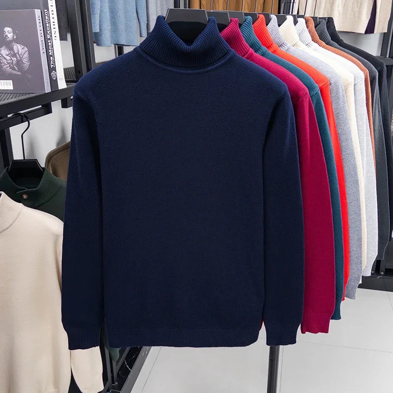 Autumn Mens High Quality Knitted Turtleneck Sweater Slim Fit Long Sleeve Anti-pilling Pullover Solid Color Trend Men Streetwea.