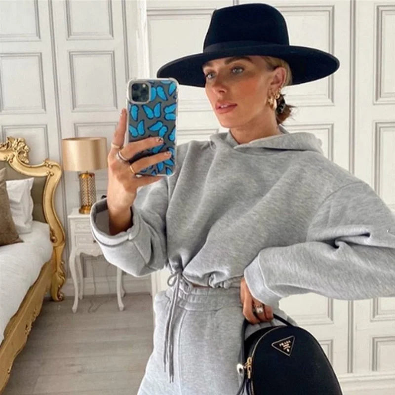 2025 Autumn Winter Women Sweatshirt Set Solid Color Casual Simple Hooded 2 Piece Outfit Set Fashion Gym Jogging  Woman Pant Sets.