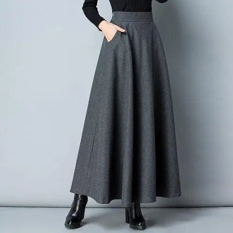 Autumn Winter Black Gray Large Size Woolen Long Skirt Women Fashion Korean Ladies Red High Waist Festival Pleated A-line Skirts.