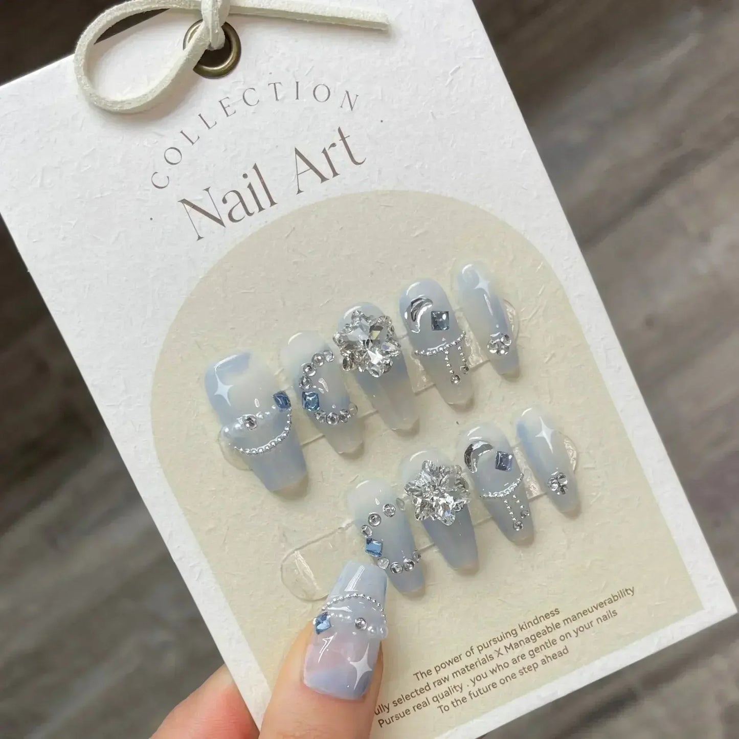 10Pcs Handmade Press on Nails Long Ballet Blue Fake Nails with 3D Ocean Moon Rhinestone Design False Nails Full Cover Nail Tips.