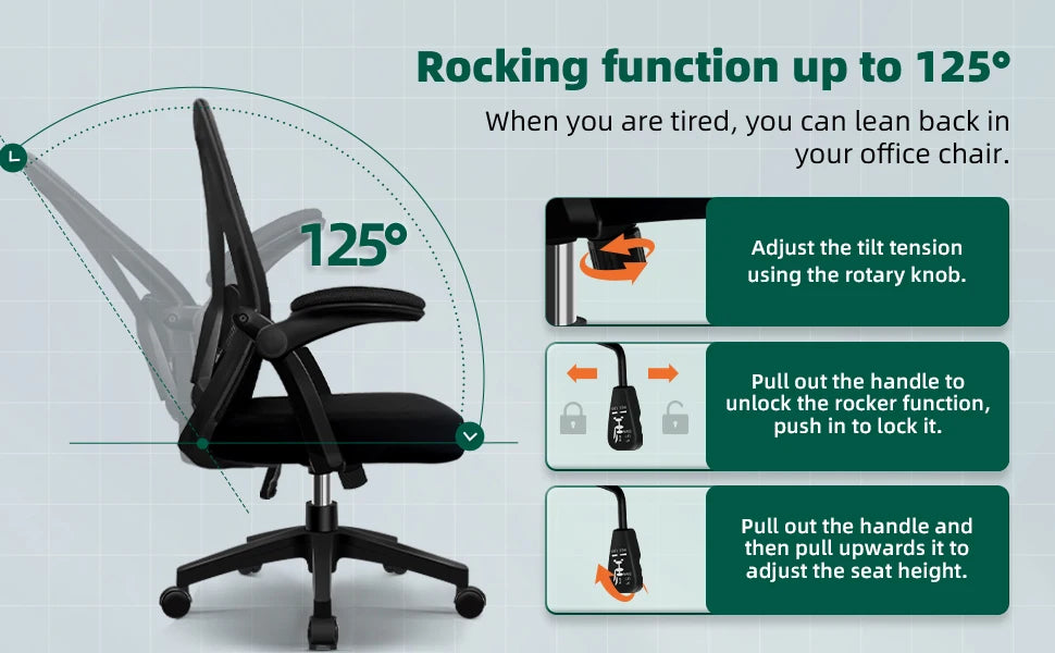 Daccormax Ergonomischer Bürostuhl, verstellbare Lordosenstütze, drehbar, robuste Rollen, gepolsterte Armlehnen, Multi-Neigefunktion zum Entspannen.