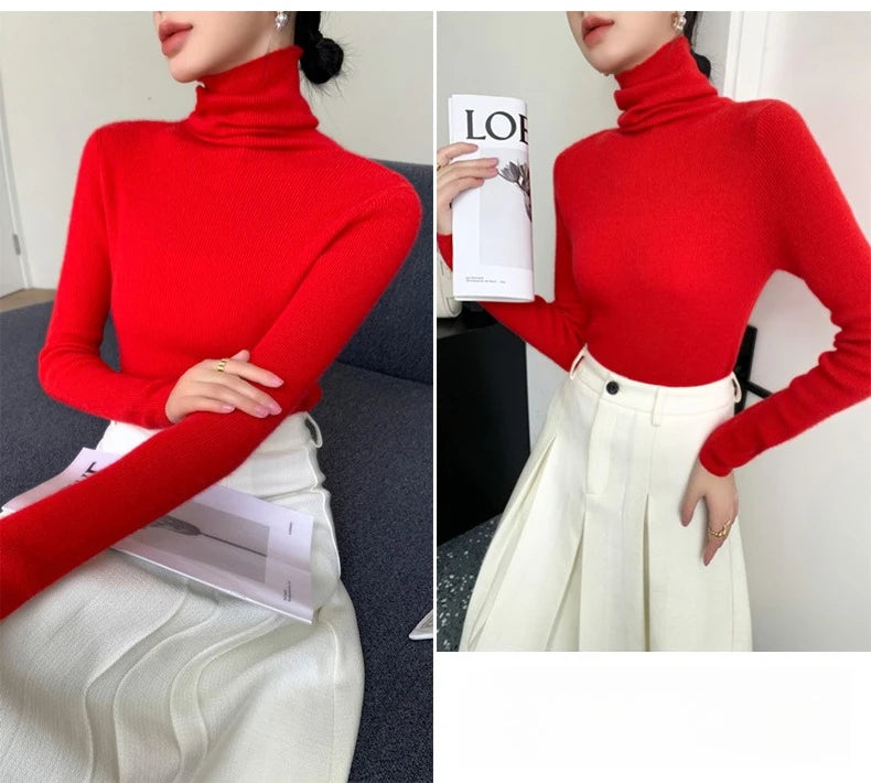 2025 herbst Winter Rollkragen Warme Jumper Lässig Feste Dünne Strickjacke Frauen Langarm Gestrickte Pullover Einfache Basis Schicht Top