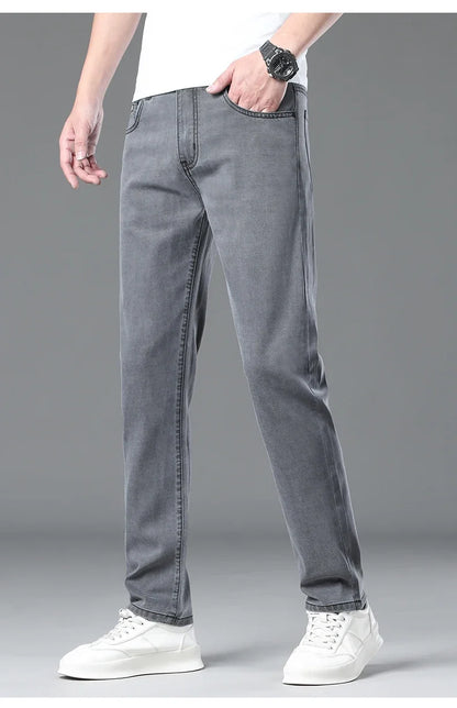 Summer Lyocell Ultra-thin Jeans Men Straight Stretch Breathable Denim Pants Fashion Business Casual Male Trousers Black Gray.