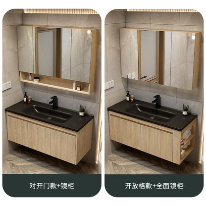 Leichter Luxus-Badezimmerschrank-Kombination, Badezimmer-Waschbecken, Gesichtswaschbecken, Toilettenholz, Waschbecken aus Keramik, integriertes Waschbecken im japanischen Stil
