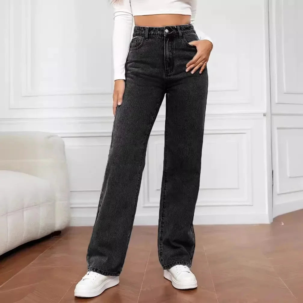 High Waist Floor-Length Deep Blue Wide Leg Jeans Women's Loose Slimming Style Trendy Korean Version Casual Fashionable.