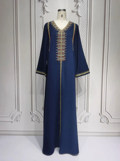 Elegant V-Neck Beading Embroidery Abaya For Muslim Woman 2025 Casual Loose Moroccan Saudi Dubai Kuwait Morocco Stylish Kebaya.