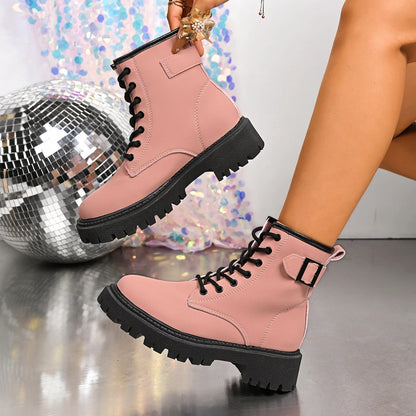 Chunky Platform Thick Heel Pink Ankle Boots Women 2025 Winter Punk Thick Bottom Lace Up Motorcycle Boots Metal Buckle Booties