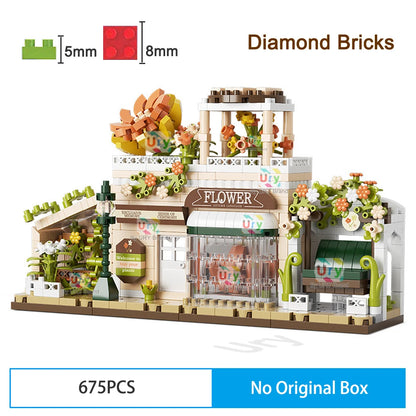 Friends House Street Diamond Bricks Girls Flower Store Coffee Shop View Designer DIY Building Block Toys for Kids Christmas Gift.