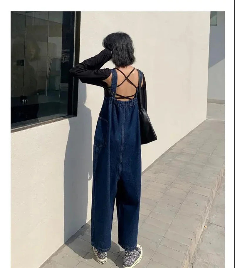 Denim Overalls Women New Vintage Streetwear Jumpsuits Female Korean Fashion Straight Loose Wide Leg Pants.