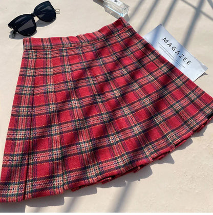Plaid Woolen Blends Pleated Skirt For Women Fall Winter High Waist A-line Skirt Ladies Fashion Khaki Mini Skirts Vintage Female.