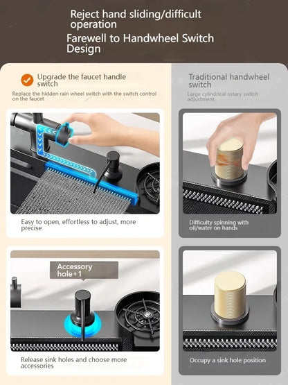 Stainless Steel Kitchen Sink With Waterfall Nano Embossed Large Single Slot Vegetable and Dishwashing Sinks Udermount Basin