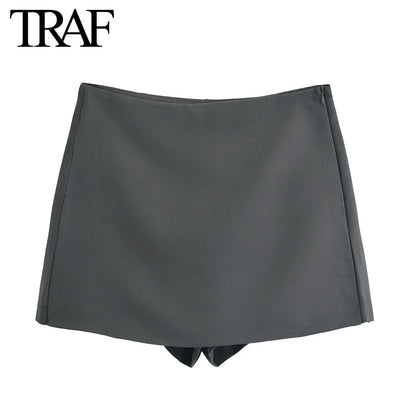 TRAF Shorts for Women Fashion Autumn Winter New Comfortable Casual Solid Color Side Zip Middle-waisted A-line Culotte Skirt Pant.