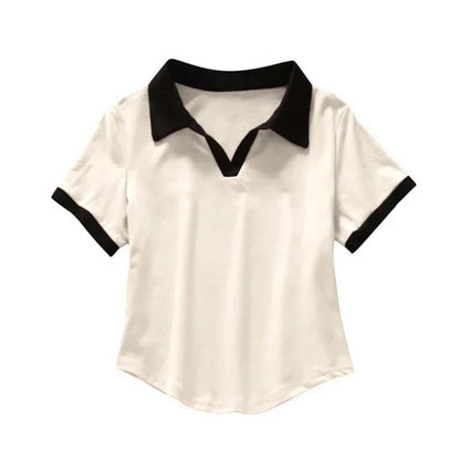 Summer Short Sleeve V-Neck Polo Shirt Women's Short Style Cotton Lycra Ribbed Top Bright Color Block 220g 40 Denier.