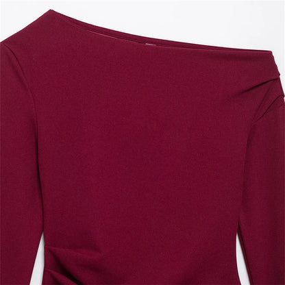 Women's Asymmetric Elastic Top Solid Color Long Sleeve Slant Neck Decoration Spring New Casual Women's Top.