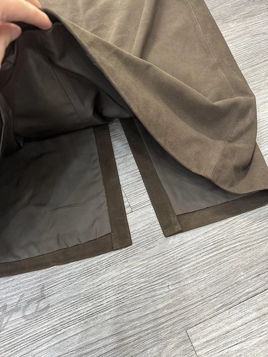 Retro High Grade Suede Real Leather Long Skirt 80cm For Women Upgraded Imported  Jupe Back Split Waist Loop Faldas Ankle-Length.