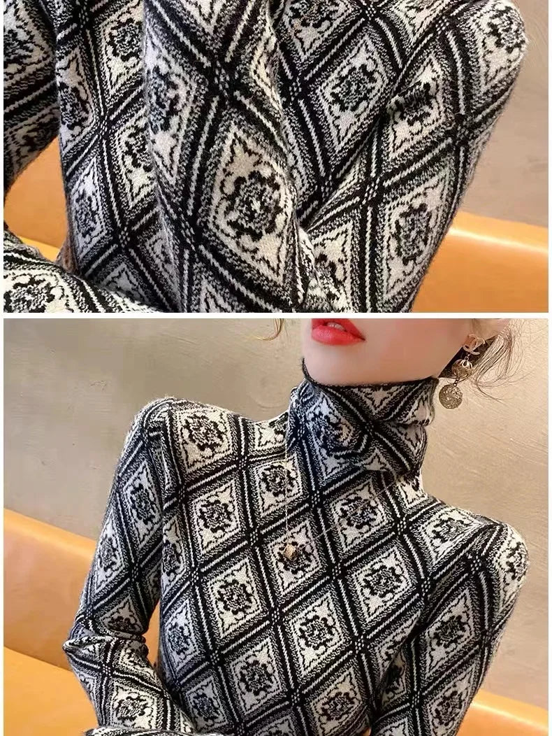 Frauen Kleidung Mode Rollkragen Argyle Stricken Pullover Herbst Winter Elegante Chic Schlanke Langarm Pullover Büro Dame Y2K Top.