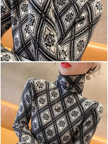 Frauen Kleidung Mode Rollkragen Argyle Stricken Pullover Herbst Winter Elegante Chic Schlanke Langarm Pullover Büro Dame Y2K Top.