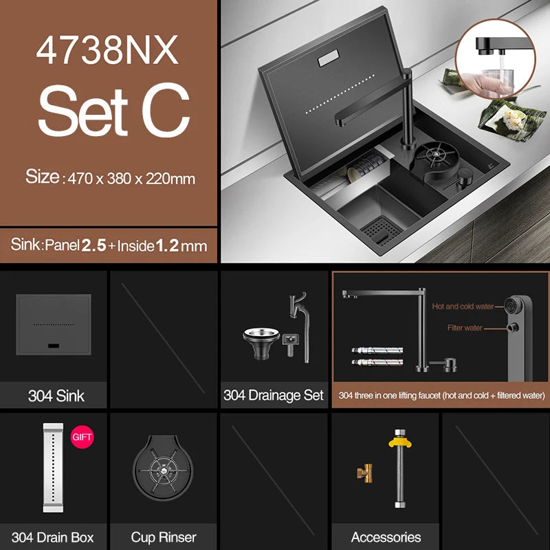 Nanometer Hidden Bar Island kitchen Sink 304 Stainless Steel Flip Cover Hidden Handmade Small Size kitchen Sinks With Cup Rinser