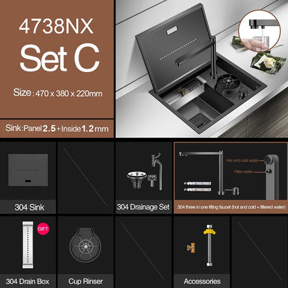 ASRAS Hidden Bar Island kitchen Sink Nanometer SUS 304 Flip Cover Hidden Handmade Small Size kitchen Sinks With Cup Rinser