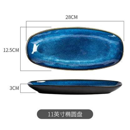 Japanese Blue Kiln Change Ceramic Tableware American Tableware Retro Household Dishes Set Rice Bowl Dishes Restaurant Plate.