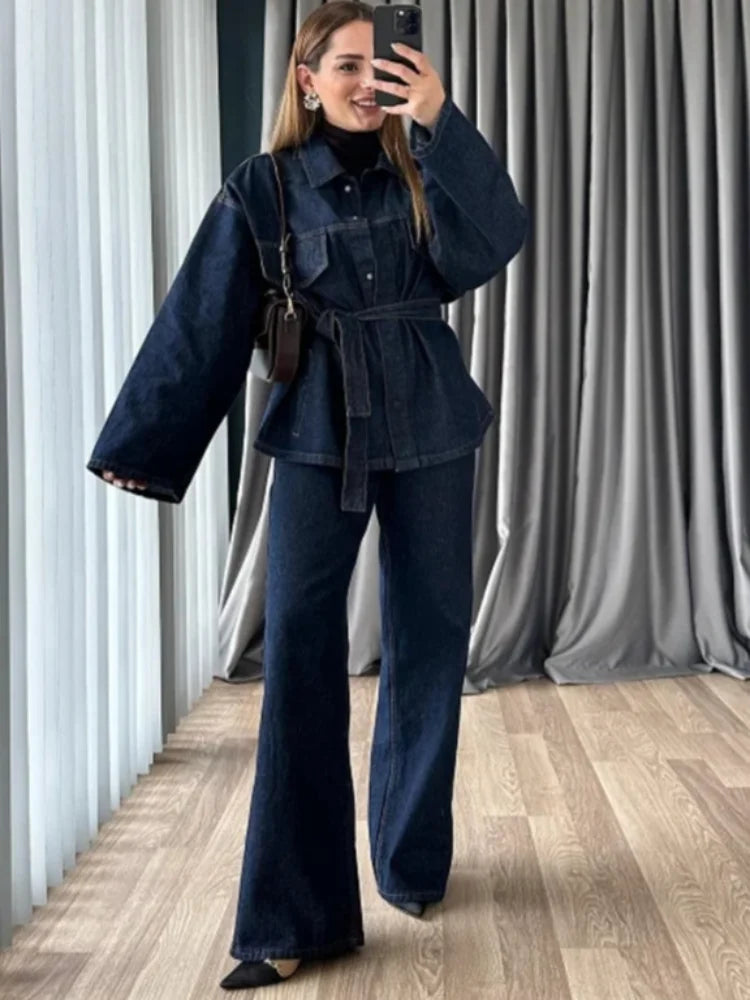 Retro Classic Denim Jacket Pants 2pcs Set Strap Coat Women Straight Leg Pants Autumn Stylish Women's Casual Suit