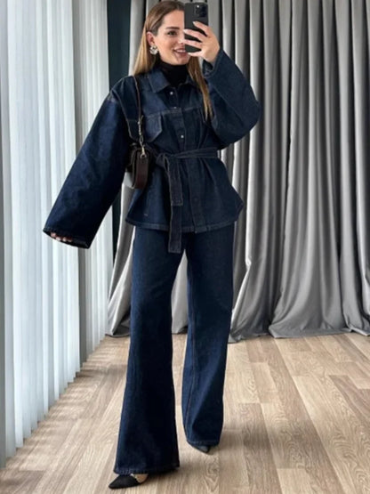Retro Classic Denim Jacket Pants 2pcs Set Strap Coat Women Straight Leg Pants Autumn Stylish Women's Casual Suit