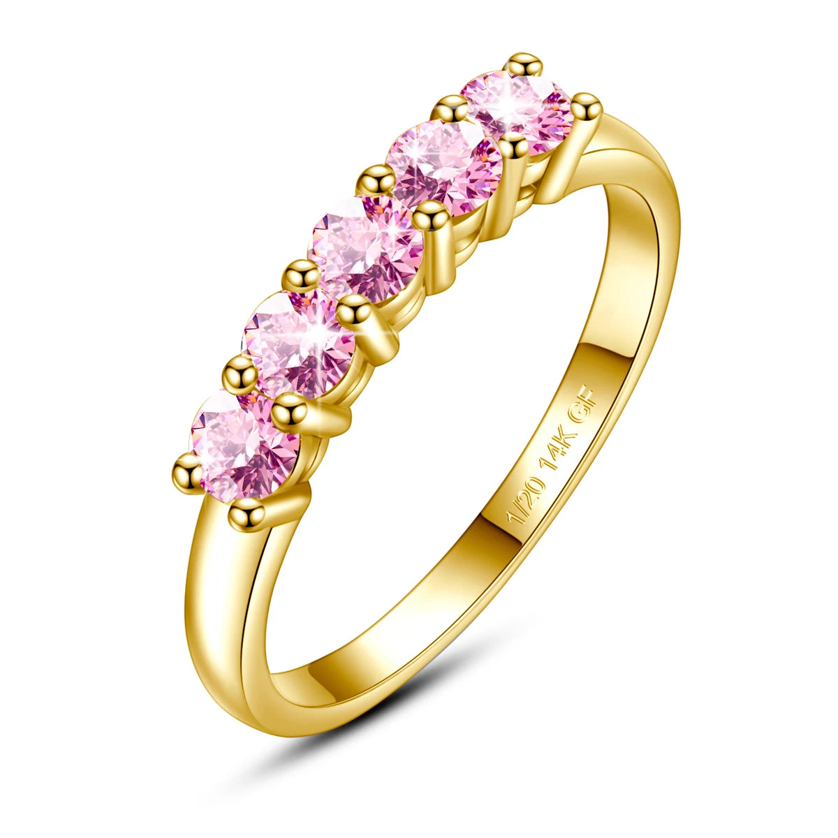 14K Gold Filled Pink Moissanite Rings 5 Stone D VVS1 for Women Man with 1/20th 14 Karat Gold Engagement Wedding Jewelry.