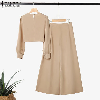 2025 ZANZEA Autumn Pant Sets 2PCS Women Outfits Long Sleeve Cropped Tops Wide Leg Trousers Solid Tracksuits Suit Matching Sets.