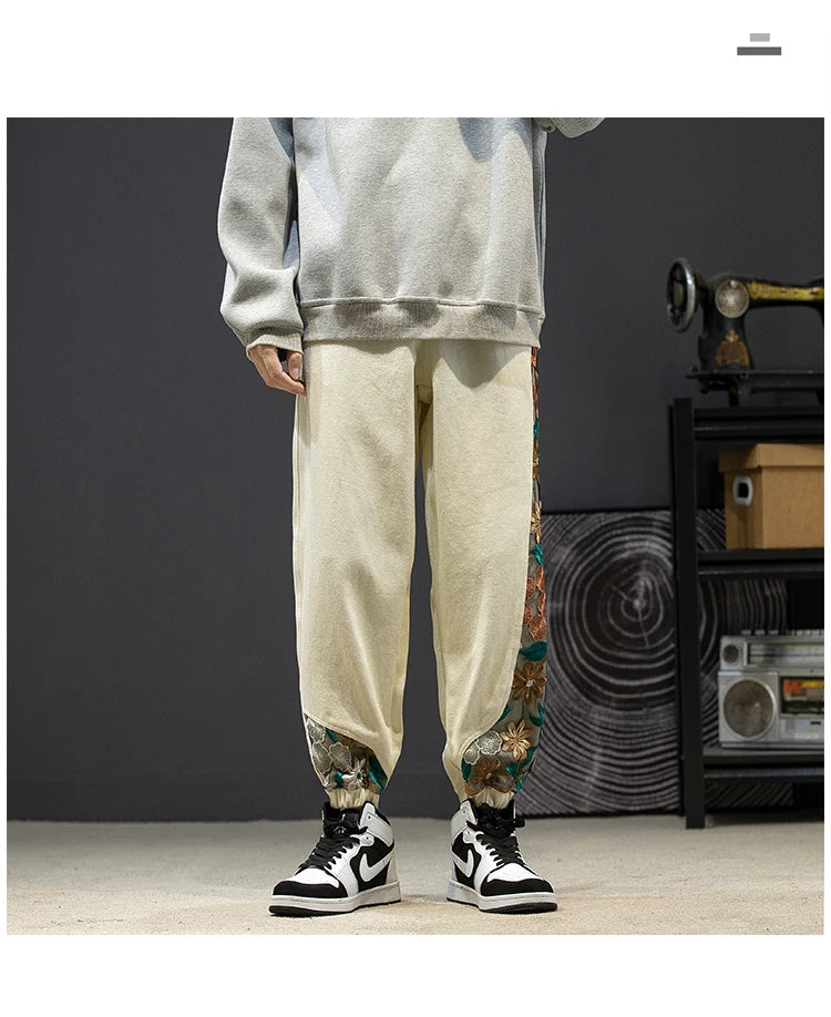 Fashion Casual Pants Men's Clothing Cotton Japanese Samurai Embroidery Patchwork Harem Trousers Oversized Harajuku Joggers Male.