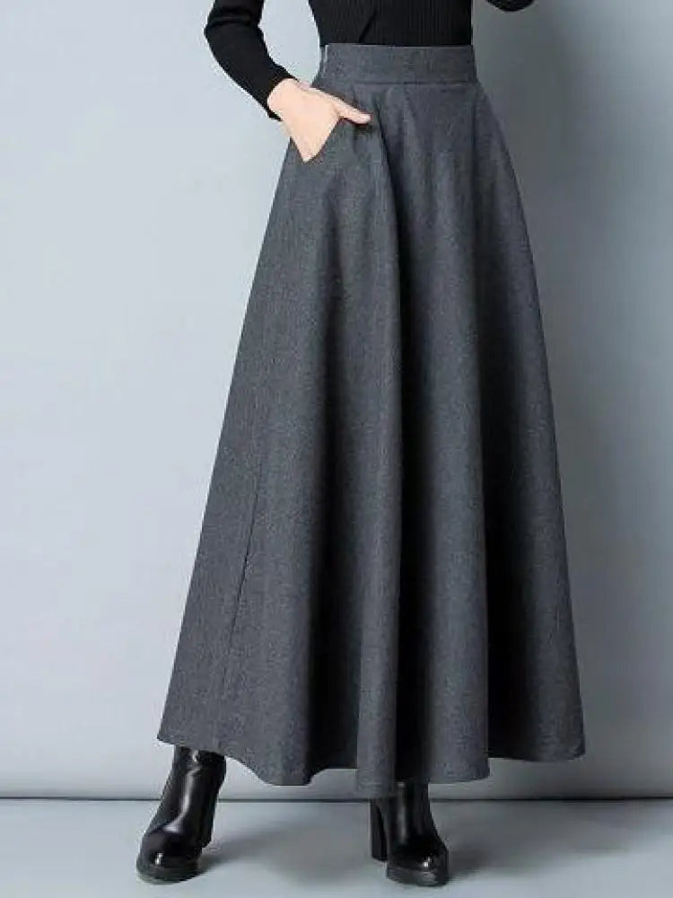 Autumn Winter Black Gray Large Size Woolen Long Skirt Women Fashion Korean Ladies Red High Waist Festival Pleated A-line Skirts.