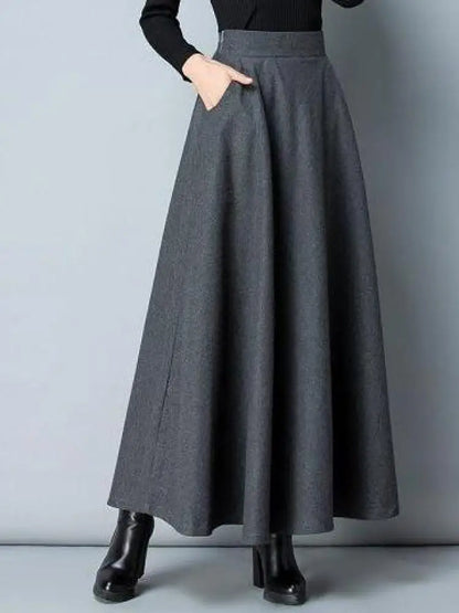 Autumn Winter Black Gray Large Size Woolen Long Skirt Women Fashion Korean Ladies Red High Waist Festival Pleated A-line Skirts.