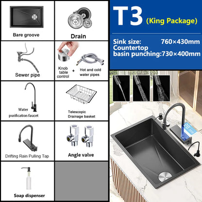 Black Stainless Steel Kitchen Sink Waterfall Sink dishwashing Basin Large Single Sink Household Sink Under The Counter Sink