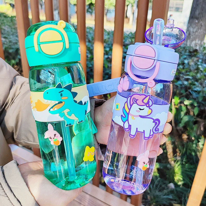 600ml School Girls Cute Water Bottle with Straw for Kids Chilrdren Sports Outdoor Cup.