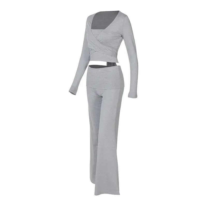 Spring New Women's T-shirt Pants 2 Piece Set Streetwear Fashion Long Sleeves Lace-up Tees Casual Trousers Elegant Slim Clothing.