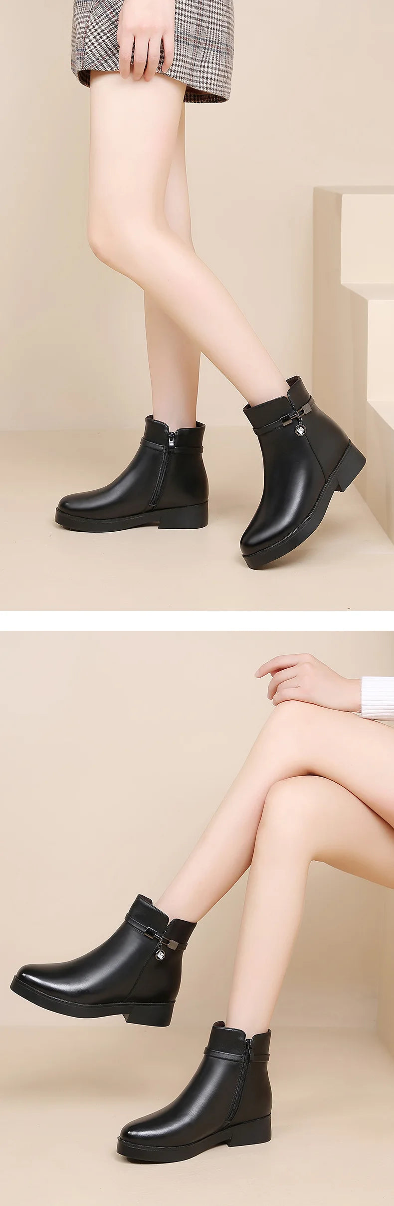 WOIZGIC Women Mother Female Ladies Genuine Leather Ankle Shoes Boots Platform Wool Plush Warm Fur Winter Zipper Plus Size 42 43.