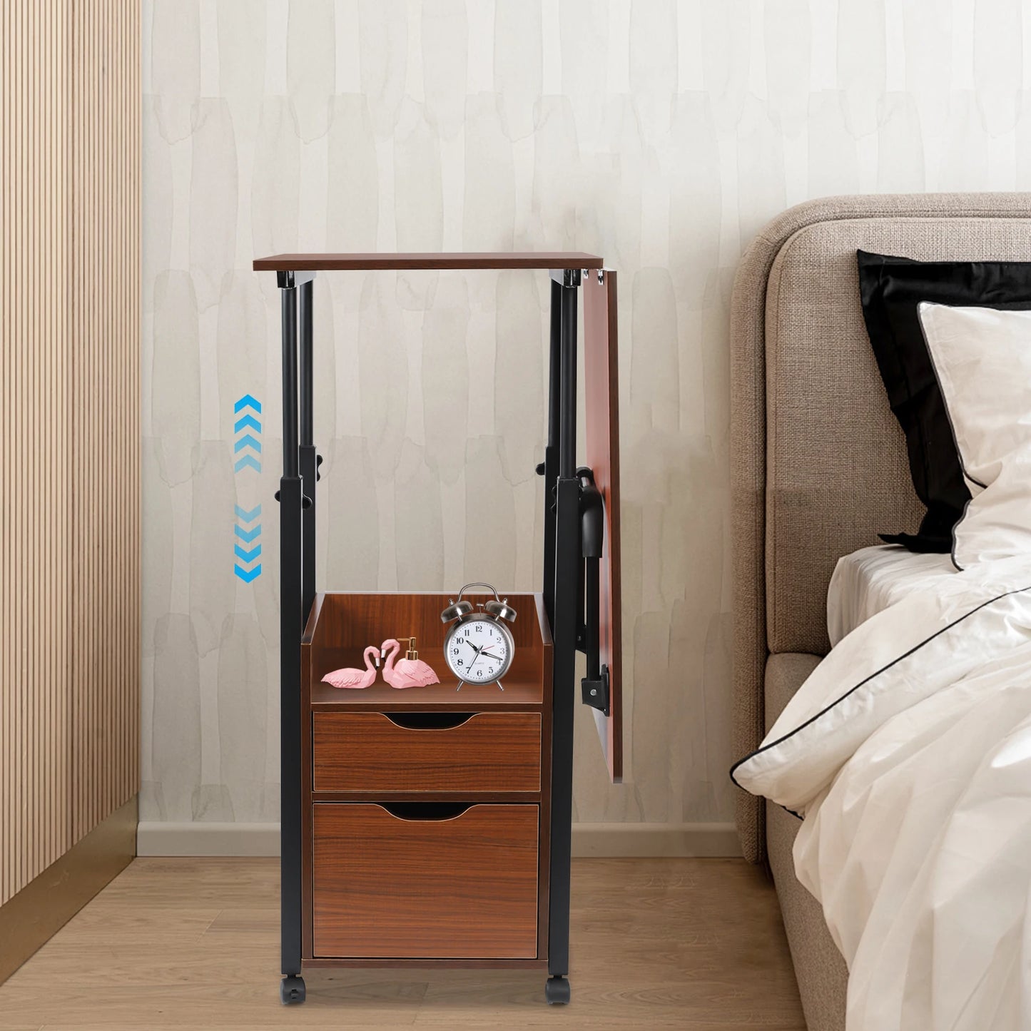 Klappbarer Laptop-Schreibtisch mit Rollen, höhenverstellbarer Nachttisch, Computertisch, tragbarer Schlafzimmer-Bürotisch