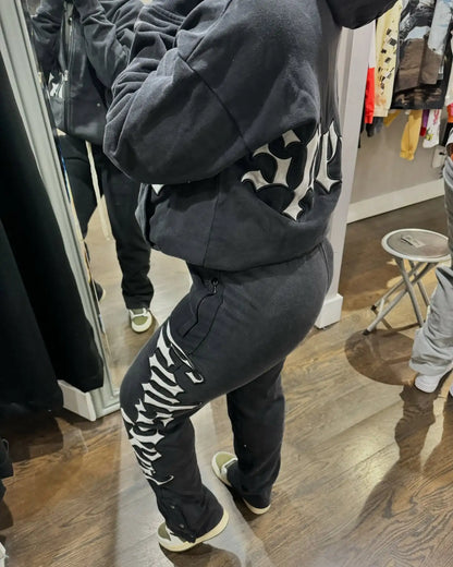 Y2k Retro Zipper Hoodie and Sweatpants 2-piece Set Washed Cotton Men Women Tracksuit Gothic Letter Loose Sweatshirt Jogger Suit.