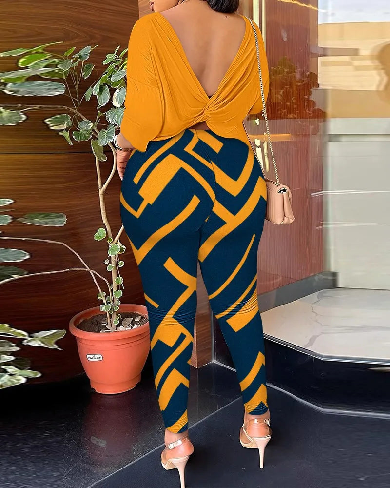 Autumn Women's Clothing New Fashion Print Sexy Backless Round Neck Five Quarter Sleeve Pants Two-piece Casual Comfortable Set