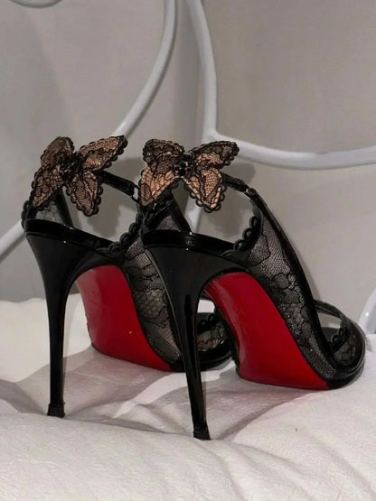 2025 Women's New in Black Lace Butterfly Sexy Pumps Stilettos Peep Toe High Heels Leather Luxury Designer Party Chic Shoes.