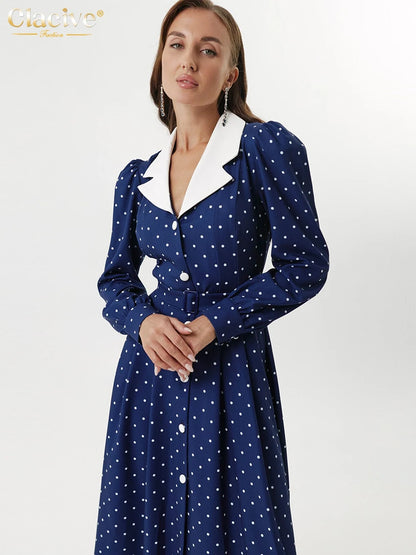 Clacive Mode Lose Druck Frauen Kleid 2025, Casual Revers Langarm Büro Dame Midi Kleider Elegante Klassische Gürtel Weibliche Kleid