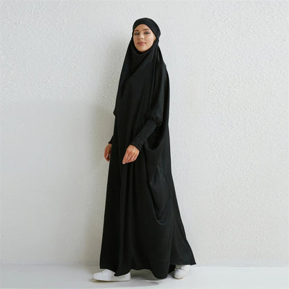 Muslimische Abaya mit Kapuze, Smockärmel, einteiliges Gebetskleid, Damen, Jilbab, islamische Kleidung, Dubai, Saudi-Arabien, schwarze Robe, türkische Bescheidenheit.