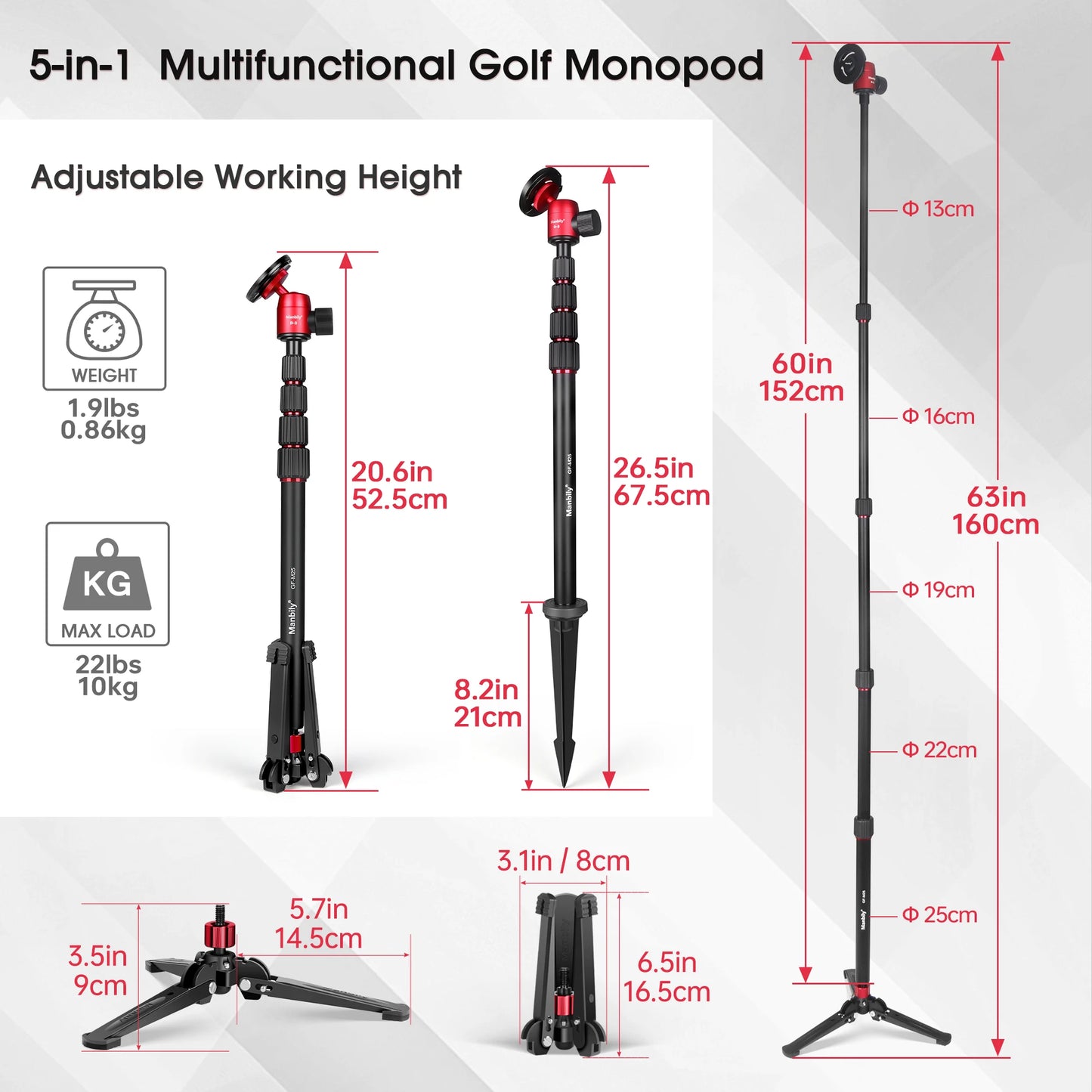 Manbily GF-M25 Aluminum Magnetic Golf Monopod Selfie Stick with Ground Spike Stakes Magnetic Tripod Stand for Golf Traing.