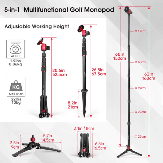 Manbily GF-M25 Aluminum Magnetic Golf Monopod Selfie Stick with Ground Spike Stakes Magnetic Tripod Stand for Golf Traing.