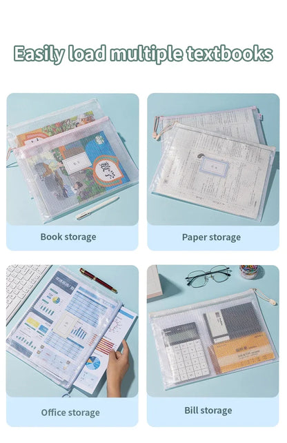 Zipper Mesh Bags A4/A5 Plastic Zipper Bags For Organizing Waterproof Clear Travel Bags Office Supplies Document，color random.