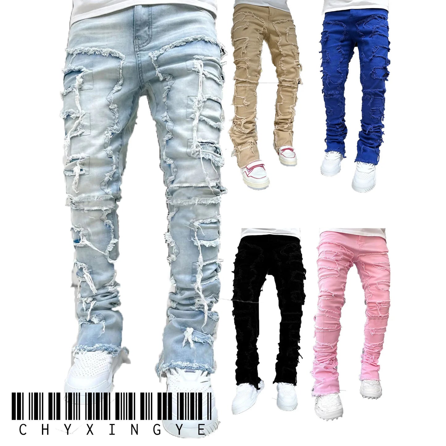 Men's Regular Fit Stacked Jeans Ripped Slim Fit Patch Distressed Destroyed Straight Denim Pants Hip Hop Streetwear Trouser Cloth.