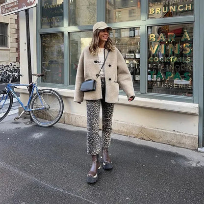 ZBZA Women's Faux Wool Jacket Loose Retro O-neck Single Breasted Long Sleeve Double Pocket Casual Overcoat Fall Winter Chic Coat