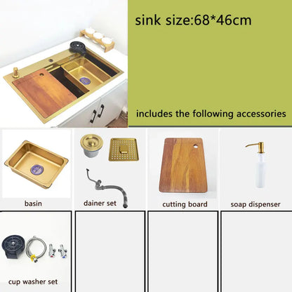 Gold Wasserfall Wasserhahn Küchenspüle Nano Waschbecken 304 Edelstahl Golden Topmount Single Bowl Waschbecken 4-Funktions-Küchenarmatur