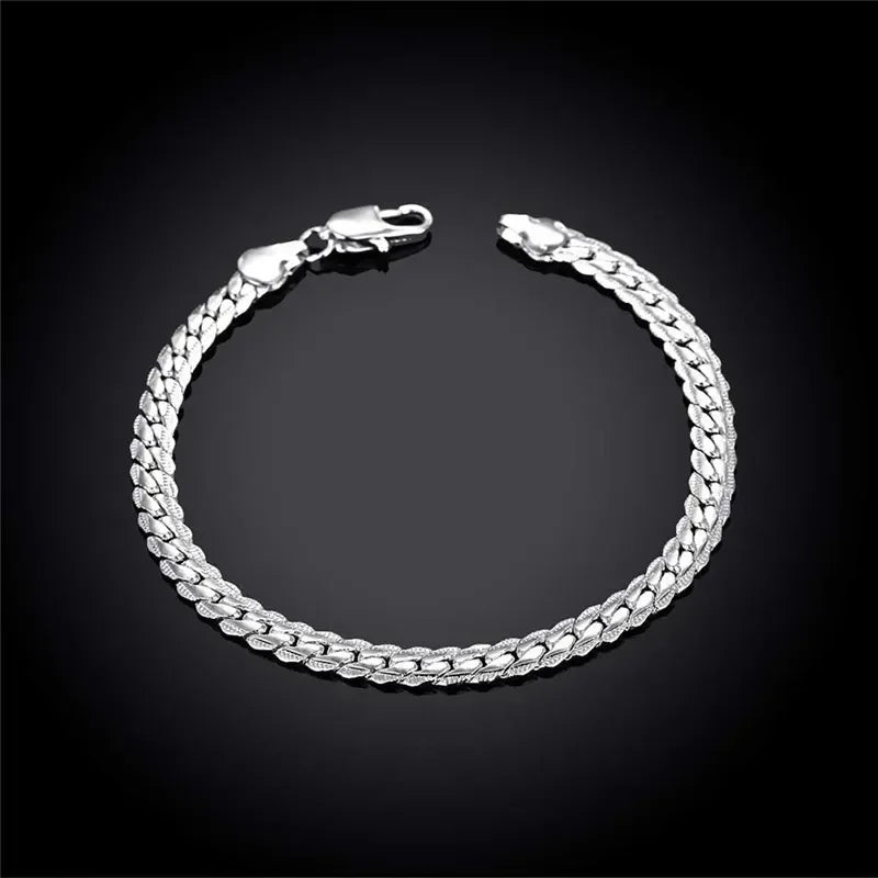 925 Sterling Silver 2 Piece Full Side Chain Necklace Bracelet Women Men Fashion Jewelry Set Wedding Gift.