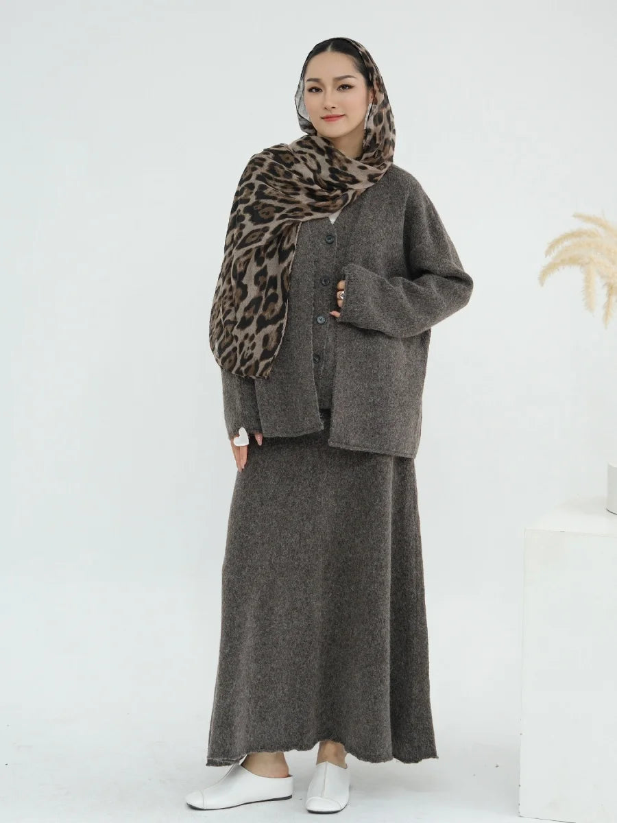 Muslim Women Dubai Abayas Dress Modest Winter Thick Knitted Set Solid Color Three Piece Set Islam Robe Femme Kaftan Clothing set.