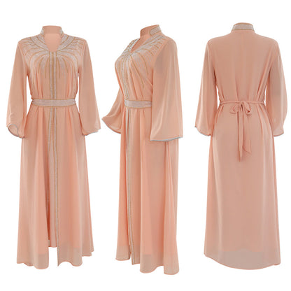 Marok kanis che Kaftan Frauen Mode Diamant mit Gürtel Chiffon Kleid Eid Ramadan arabische Robe Islam Luxus Party muslimische Kleider